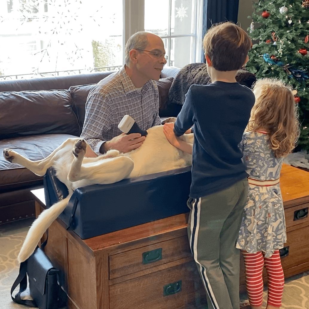 Dr. Behrens performing an ultrasound with children watching